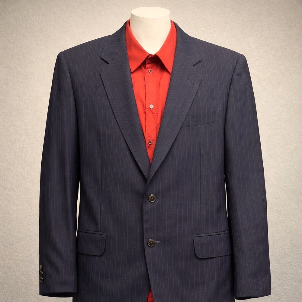 Bartolini Men Pinstripe Blazer Navy Blue Pure Wool Sport Coat XL‎ Professional